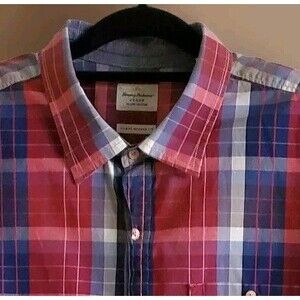 Tommy Bahama Button Up Men's 2XL Shirt Plaid  Burgundy Blue Preppy Resort Casual